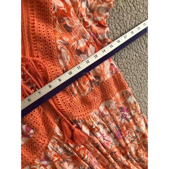 Torrid Women’s Size 0 (12 Large) Floral Maxi Dress Orange Pink Boho Crochet Trim - Picture 13 of 16